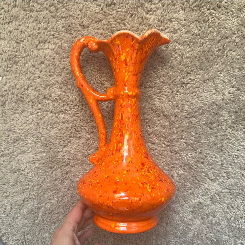 Vintage 1974 Handmade Ceramic Vase w/Handle Orange w/Yellow Red Specks 12” tall - Picture 2 of 9